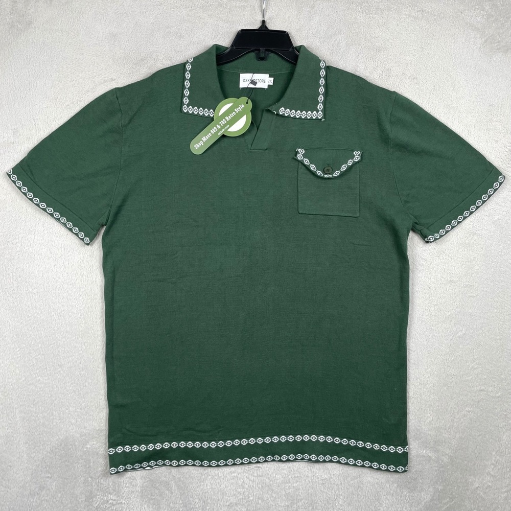 New Oxknit Polo Shirt Mens 2XL Green Knitted Johnny Collar 60s 70s Retro Style